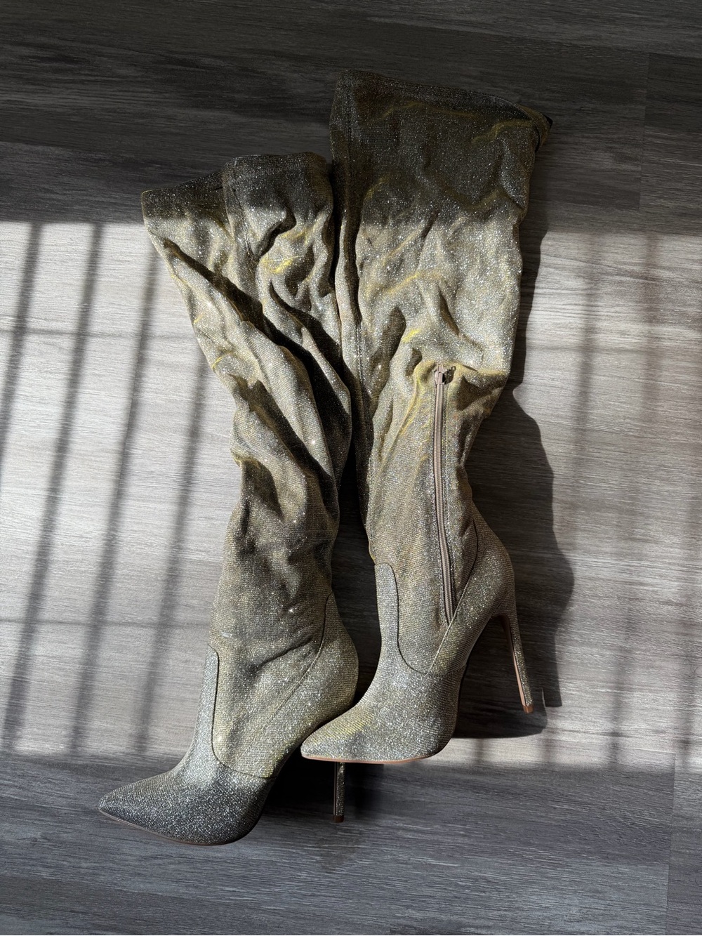 Glitter Over-the-Knee Stiletto Boots - Golden Olive Sparkle